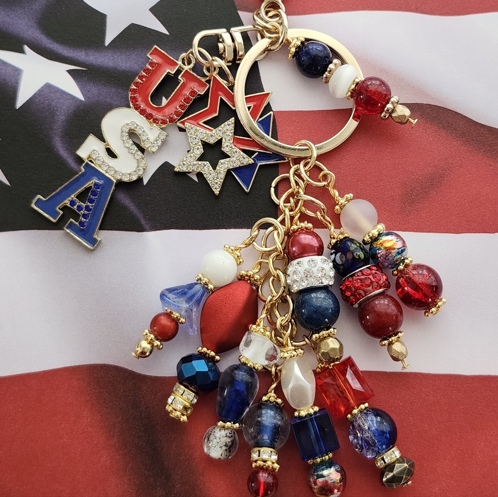 Patriotic USA Purse Charm or Keychain Stone Glass Handcrafted